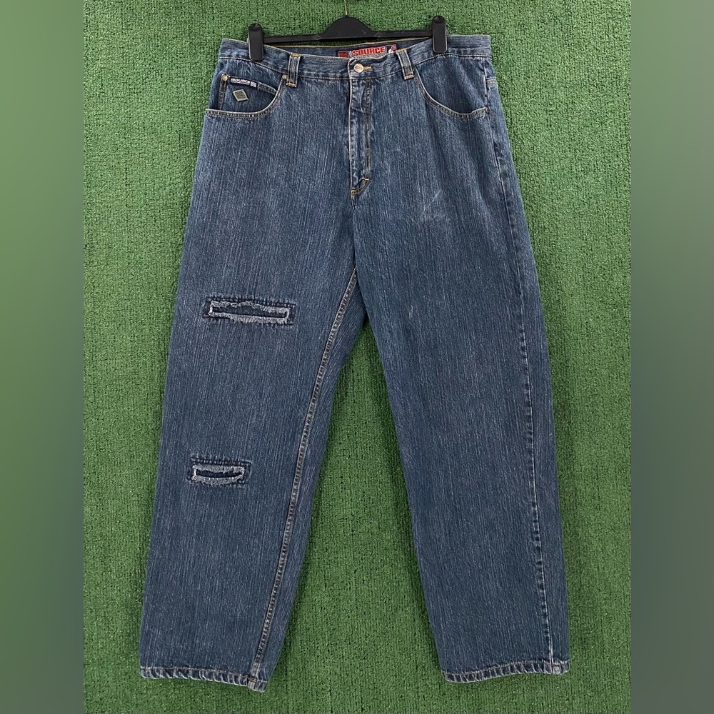 VTG 90’s The Source Hip Hop Embroidered Baggy Wide Leg Denim Jeans Mens SZ 38x32